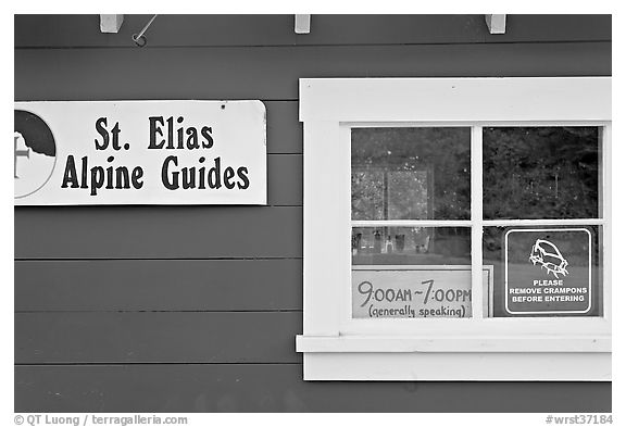 Mountain guide office with interesting signs. Wrangell-St Elias National Park, Alaska, USA.