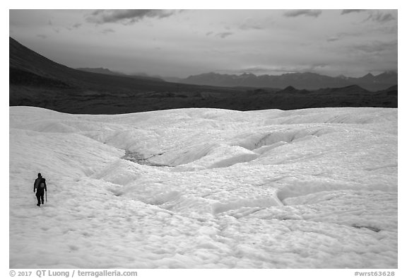 Hiker on Root Glacier. Wrangell-St Elias National Park (black and white)