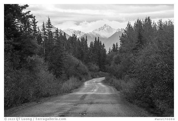 McCarthy Road in autumn and snowy peaks. Wrangell-St Elias National Park, Alaska, USA.