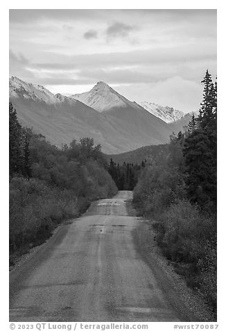 McCarthy Road in autumn and snowy mountain. Wrangell-St Elias National Park, Alaska, USA.