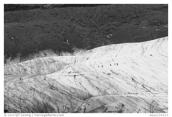 Root Glacier with hikers. Wrangell-St Elias National Park (black and white)
