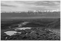 Lakes at the foot of glacier, Kennicott River, and Chugatch Range. Wrangell-St Elias National Park ( black and white)