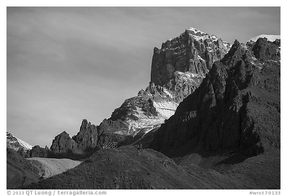 Mining structures and craggy peaks. Wrangell-St Elias National Park (black and white)