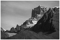 Mining structures and craggy peaks. Wrangell-St Elias National Park ( black and white)