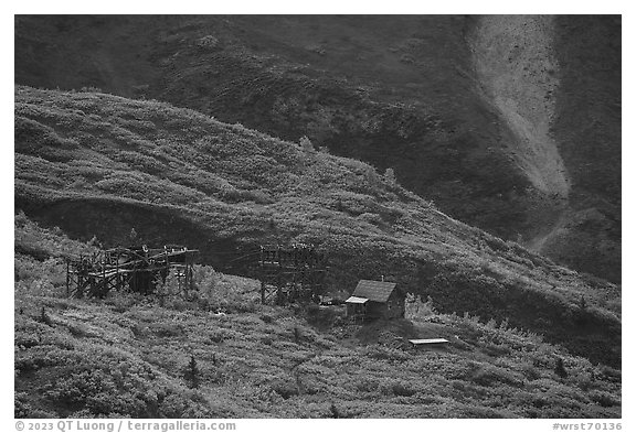 Mining structures, Bonanza Creek drainage. Wrangell-St Elias National Park (black and white)