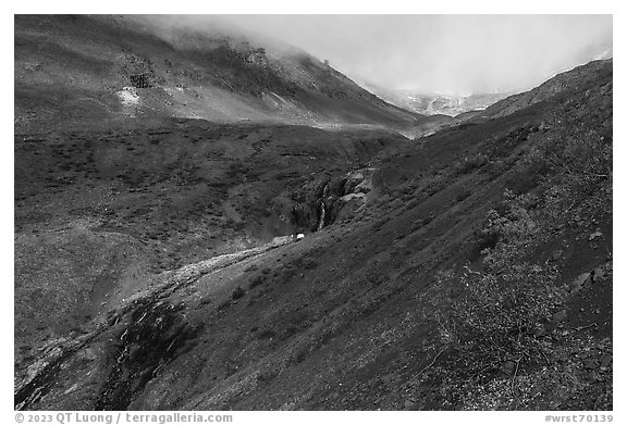 Bonanza Creek Waterfalls and Bonanza Mine aerial tramway towers. Wrangell-St Elias National Park (black and white)