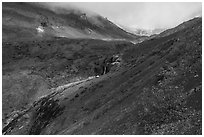 Bonanza Creek Waterfalls and Bonanza Mine aerial tramway towers. Wrangell-St Elias National Park ( black and white)