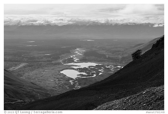 Bonanza Mine aerial tram tower, Root Glacier lakes, and Chugach Mountains. Wrangell-St Elias National Park, Alaska, USA.