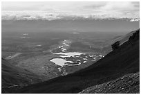 Bonanza Mine aerial tram tower, Root Glacier lakes, and Chugach Mountains. Wrangell-St Elias National Park ( black and white)