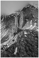 Copper deposits, and pinnacles below Bonanza Peak. Wrangell-St Elias National Park ( black and white)