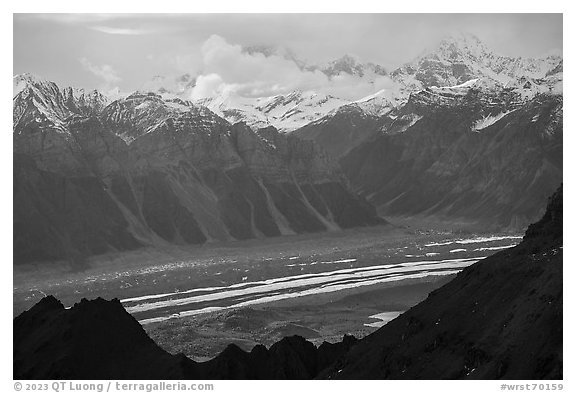 Root Glacier and Wrangell Mountains from Bonanza Ridge, late afternoon. Wrangell-St Elias National Park (black and white)