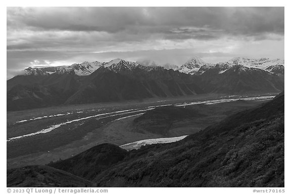 Kennicott Glacier and Wrangell Range at sunset. Wrangell-St Elias National Park (black and white)