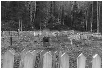 Headstone and wooden crosses at various angles, Kennecott cemetery. Wrangell-St Elias National Park ( black and white)
