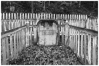 Headstone and white picket fences, Kennicott cemetery. Wrangell-St Elias National Park ( black and white)