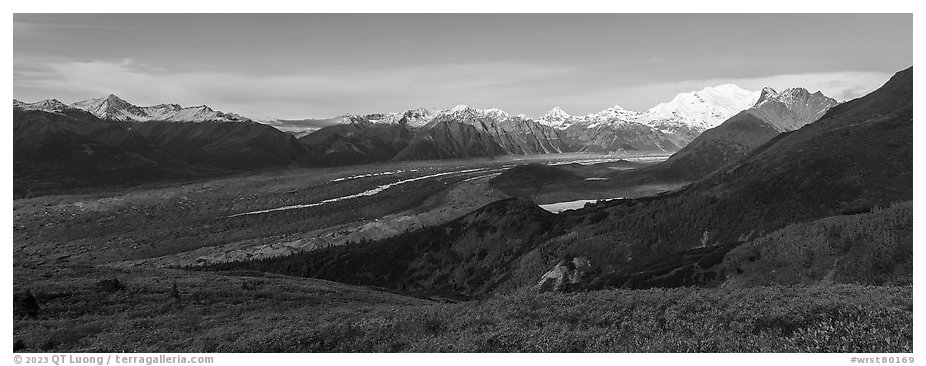 Kennicott Glacier, Wrangell Range, Mount Blackburn, Donoho Peak. Wrangell-St Elias National Park (black and white)