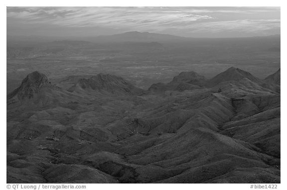 View from South Rim over bare mountains, sunset. Big Bend National Park (black and white)