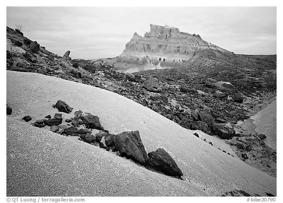 Low white mounds of compacted volcanic ash near Tuff Canyon. Big Bend National Park (black and white)