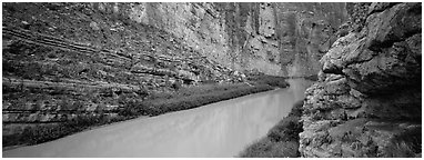 Rio Grande River flowing through Santa Elena Canyon. Big Bend National Park (Panoramic black and white)