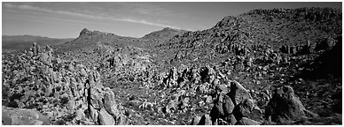 Valley strewn with rock boulders, Grapevine Mountains. Big Bend National Park (Panoramic black and white)