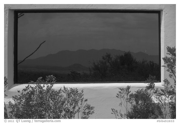Chisos mountains, Persimmon Gap visitor center window reflexion. Big Bend National Park (black and white)