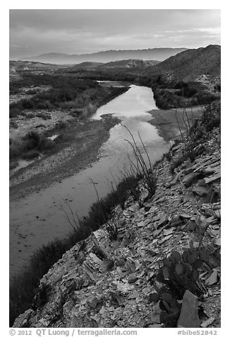 Rio Grande River and Sierra de San Vicente mountains, sunset. Big Bend National Park (black and white)