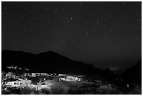 Chisos Mountains Lodge and stars at night. Big Bend National Park, Texas, USA. (black and white)