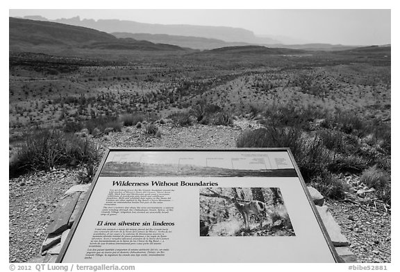 Sierra Del Carmen landscape and interpretative sign. Big Bend National Park, Texas, USA.