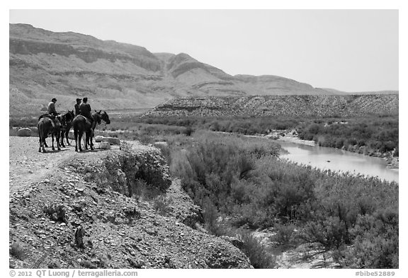 Horsemen and Rio Grande River. Big Bend National Park (black and white)