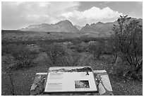 Chisos Mountains interpretative sign. Big Bend National Park, Texas, USA. (black and white)