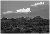 Dark desert landscape with last light falling on clouds. Big Bend National Park ( black and white)