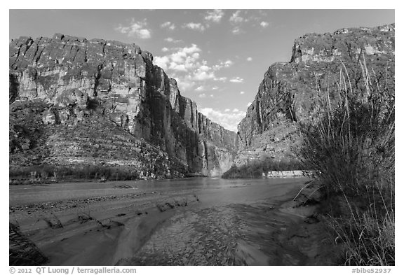 Terlingua Creek mud flats and Santa Elena Canyon. Big Bend National Park (black and white)