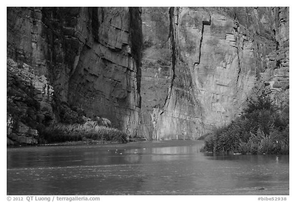 Santa Elena Canyon walls reflected in Terlingua Creek. Big Bend National Park (black and white)