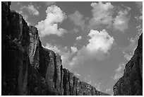 Santa Elena Canyon limestone walls and clouds. Big Bend National Park, Texas, USA. (black and white)