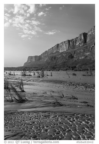 Mud flats, Mesa de Anguilla and Rio Grande River. Big Bend National Park (black and white)