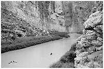 Rafters in Santa Elena Canyon of the Rio Grande. Big Bend National Park, Texas, USA. (black and white)