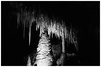 Stalactites and columns in big room. Carlsbad Caverns National Park, New Mexico, USA. (black and white)