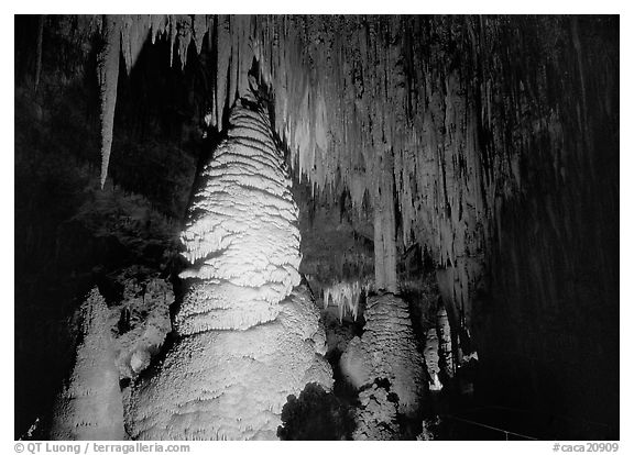 Stalagmite and stalagtites draperies. Carlsbad Caverns National Park (black and white)