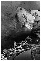 Walkway inside cave and natural entrance. Carlsbad Caverns National Park, New Mexico, USA. (black and white)