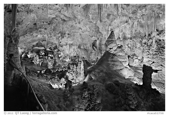 Park visitor looking, large illuminated room filled with speleotherms. Carlsbad Caverns National Park (black and white)