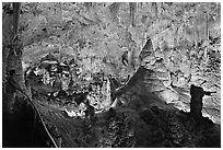 Park visitor looking, large illuminated room filled with speleotherms. Carlsbad Caverns National Park, New Mexico, USA. (black and white)