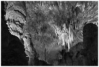 Massive stalagmites and chandelier, Big Room. Carlsbad Caverns National Park, New Mexico, USA. (black and white)