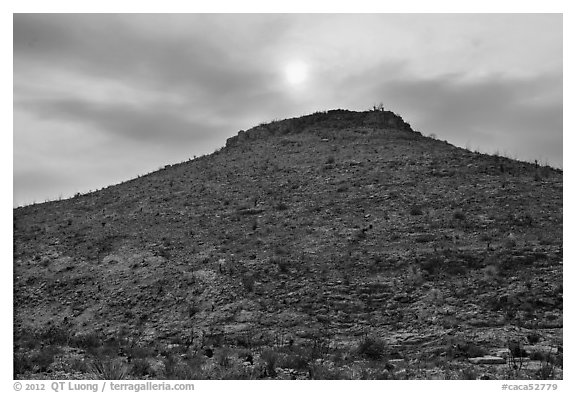 Hill with burned vegetation and sun shining through smoke. Carlsbad Caverns National Park, New Mexico, USA.