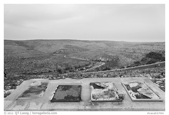 Interpretive signs, burned landscape. Carlsbad Caverns National Park (black and white)