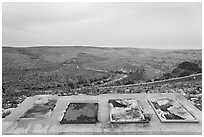 Burned interpretative signs. Carlsbad Caverns National Park, New Mexico, USA. (black and white)