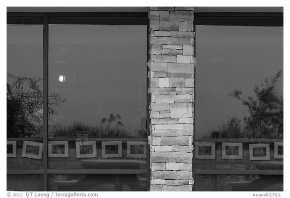 Desert shrubs, visitor center window reflexion. Carlsbad Caverns National Park (black and white)