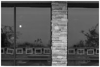 Desert shrubs, visitor center window reflexion. Carlsbad Caverns National Park, New Mexico, USA. (black and white)