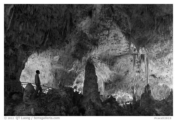 Park visitor looking, cave room. Carlsbad Caverns National Park (black and white)