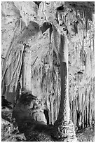 Delicate stalagtites with iron oxide staining in Painted Grotto. Carlsbad Caverns National Park, New Mexico, USA. (black and white)