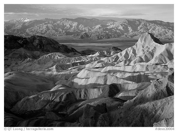 Badlands, Valley, and Telescope Peak from Zabriskie Point, winter sunrise. Death Valley National Park (black and white)