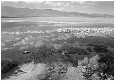 Shallow pond, reflections, and playa, Badwater. Death Valley National Park, California, USA. (black and white)